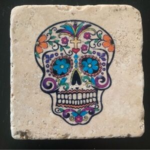 Sugar Skull Travertine Coaster Handmade